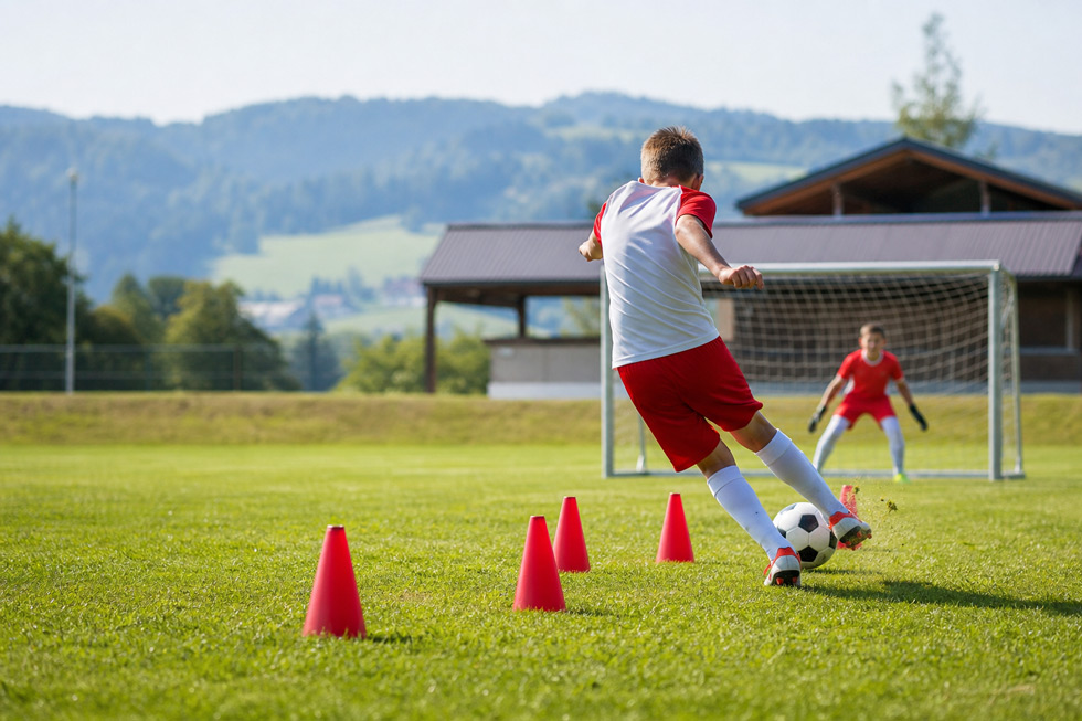 Fußballer beim Dribbling mit anschließendem Torabschluss